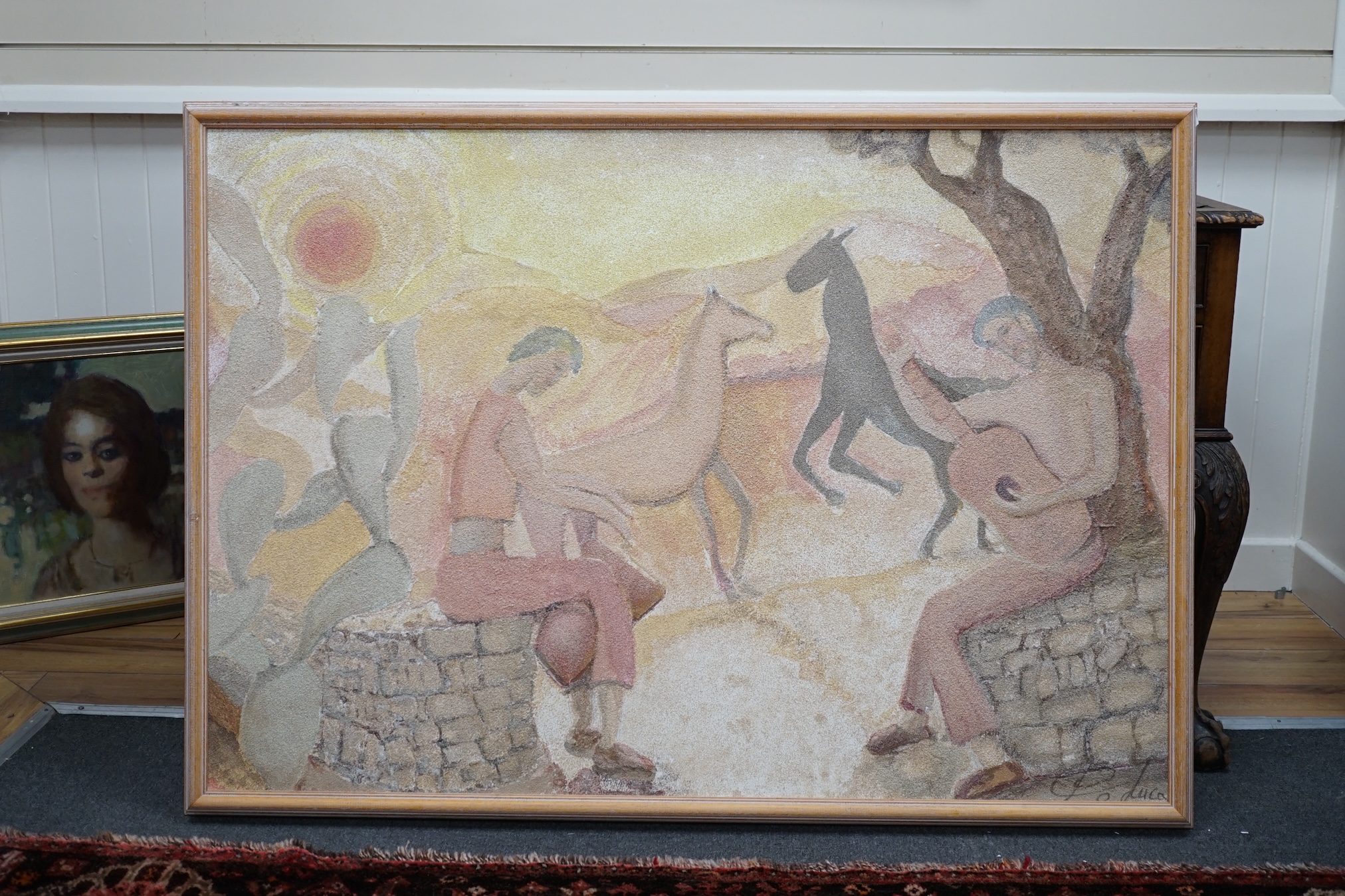 P.O. Luca, sand picture, Surreal landscape, Musicians and horses, signed, 83 x 120cm. Condition - good